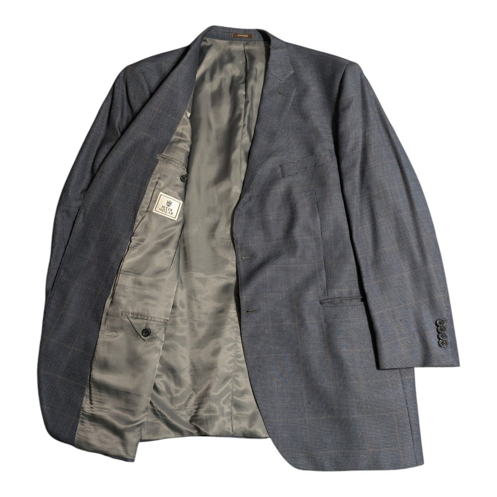 Peter Millar Sport Coat Blazer 46T Blue Windowpane Wool Silk Linen Made Canada